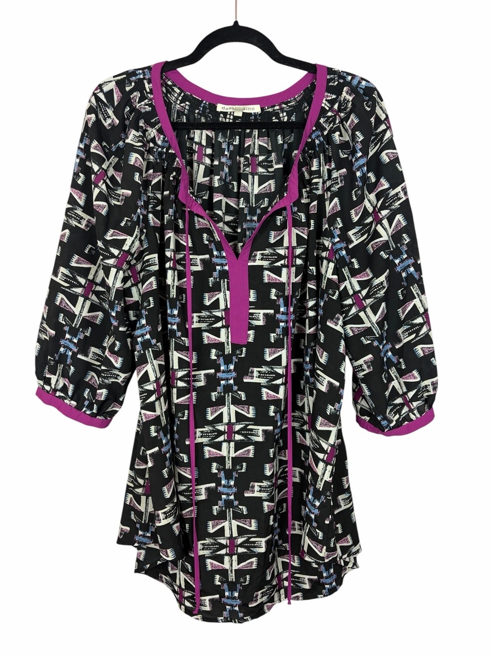 Daniel Rainn Black & Purple Abstract Boho Peasant Tunic Blouse 1X Tie Neckline